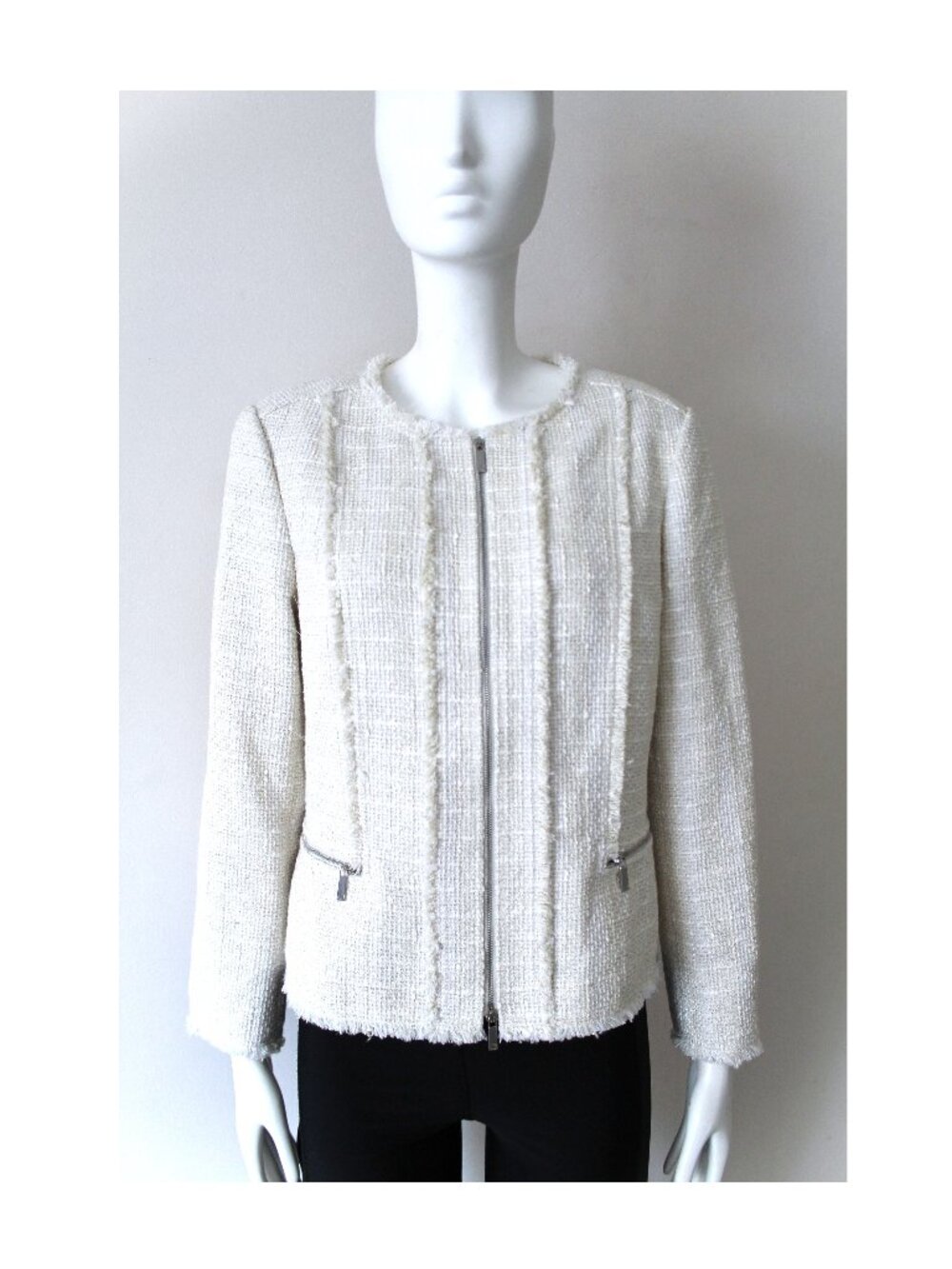 Lafayette 148 Tweed Zip Up Jacket / Size 8 / Raffia Multi Blazer Cream Fringe